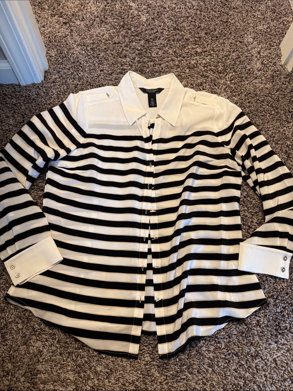 SILK White House Black Market Black and White Striped Button-Down Shirt